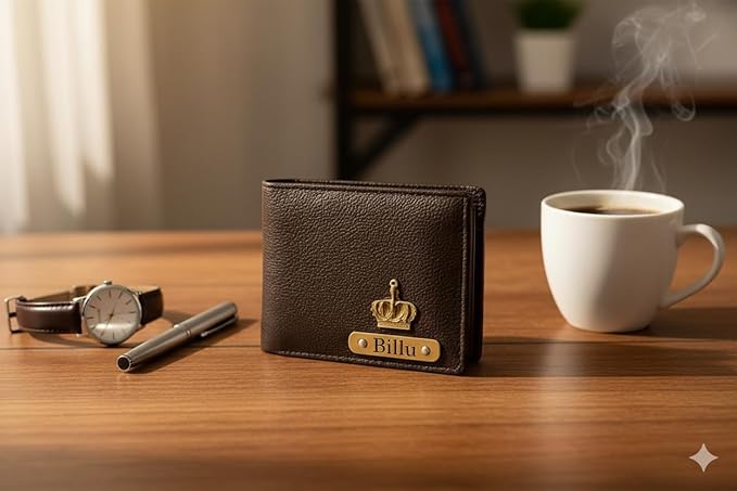 Customised Engraved Wallet with Name | Gift Hamper Set for Men Leather Purse (Brown)