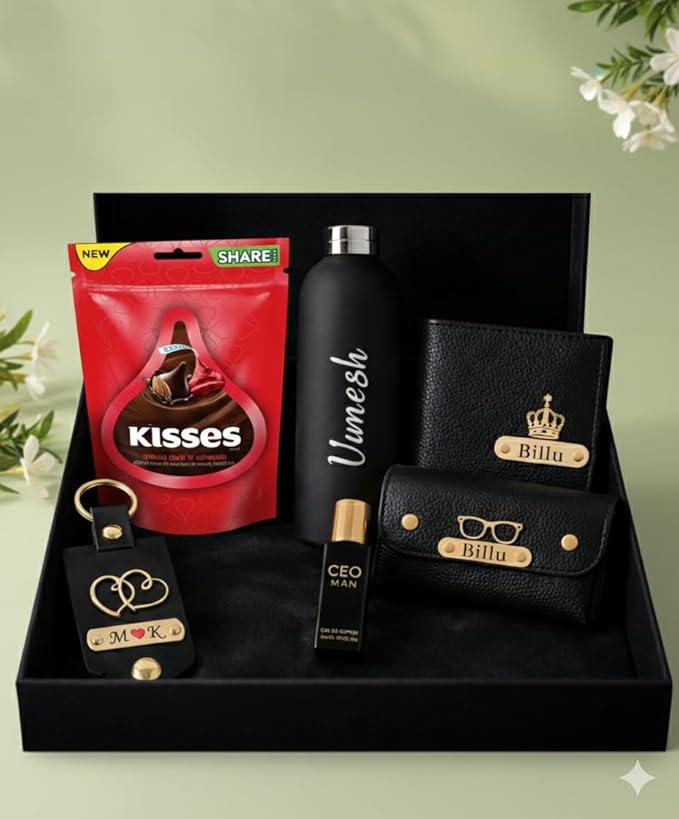 Personalized Men’s Gift Box Set with Wallet, Sunglasses Cover, Keychain, Bottle, Perfume & Chocolate