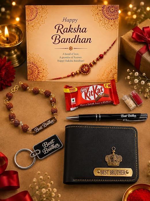 Raksha Bandhan Customizable Gift Hamper for Brother | Best Brother Wallet, Keychain, Pen, Rudraksha Bracelet, Designer Rakhi | Rakhi Gift Set for Bhai