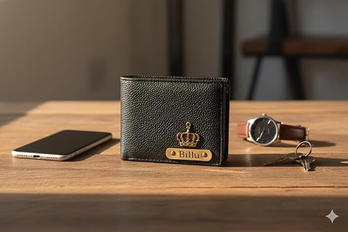 Customised Engraved Wallet with Name | Gift Hamper Set for Men Leather Purse (Black)
