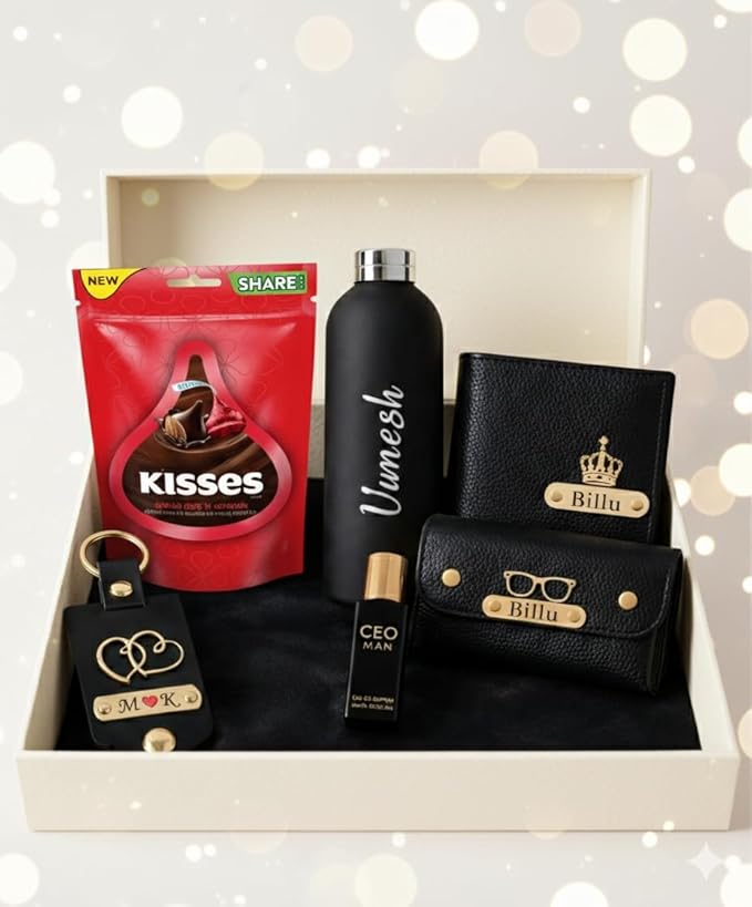 Personalized Men’s Gift Box Set with Wallet, Sunglasses Cover, Keychain, Bottle, Perfume & Chocolate