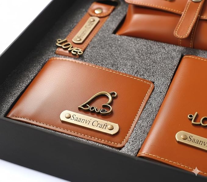 Your Name Customized Leather Unisex Passport Holder, Sunglasses Cover and Men's Wallet with Key Chain, Gifts, Personalized Gifts (Tan)