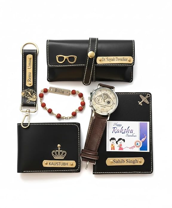 Personalized rudraksha Rakhi with Name,Bracelet with Rudraksha Beads, Gold (Rakhi Set-04)