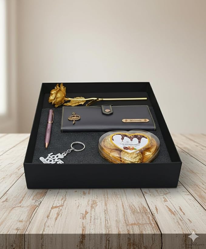 Personalized Gift for Women with Name Wallet, Golden Rose, Pen, Keychain