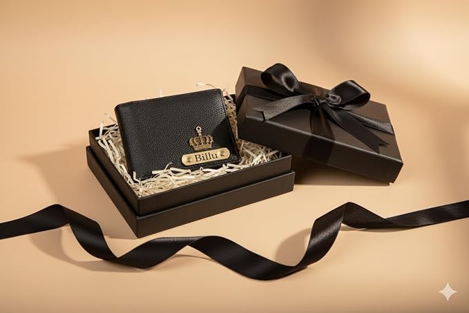 Customised Engraved Wallet with Name | Gift Hamper Set for Men Leather Purse (Black)