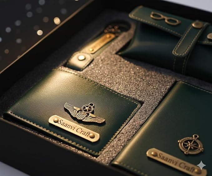 Personalized 4 in 1 Ladies Purse/Clutch, Passport Cover with Eye Wear Case, and Metal Keychain Combo - Unisex Combo Accessories, Return Gifts, Birthday Gifts (Green)