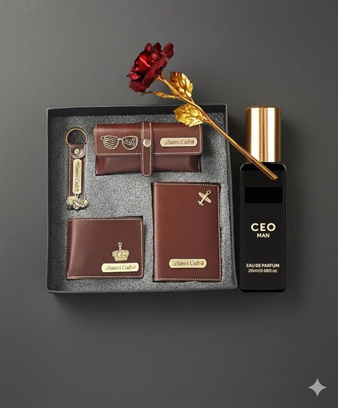 Customized Men’s Wallet & Accessories Gift Set with Perfume & Golden Rose