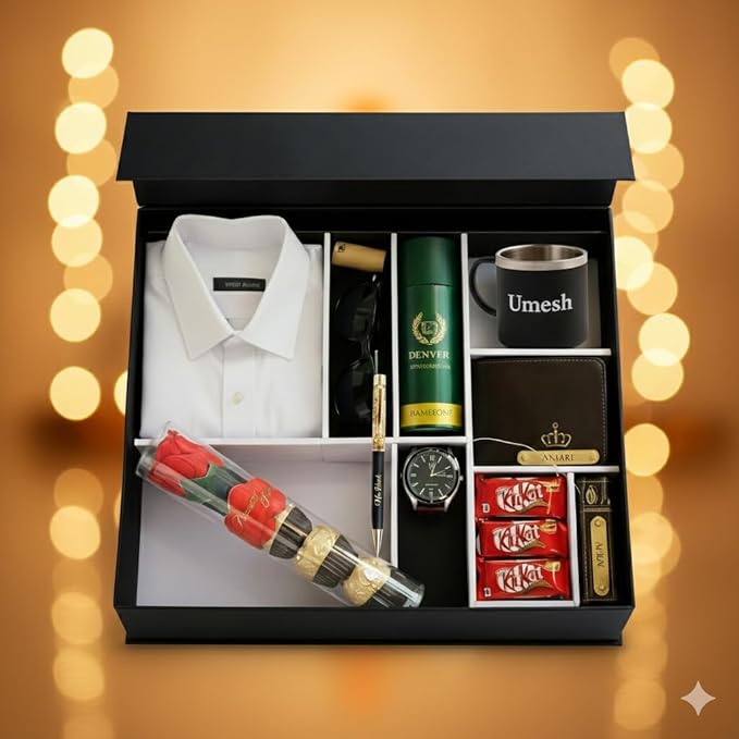 Valentine Personalized Luxury Gift Hamper with Shirt, Wallet, Watch, Perfume, Mug, Chocolates & Accessories