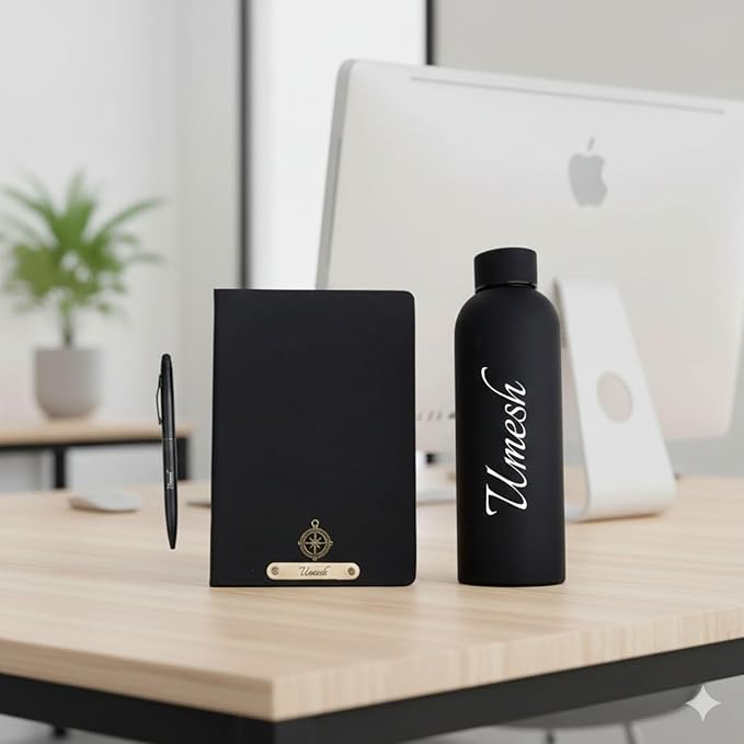 Personalized Black Gift Set with Name | Custom Diary with Metal Name Plate, Matte Black Water Bottle & Pen