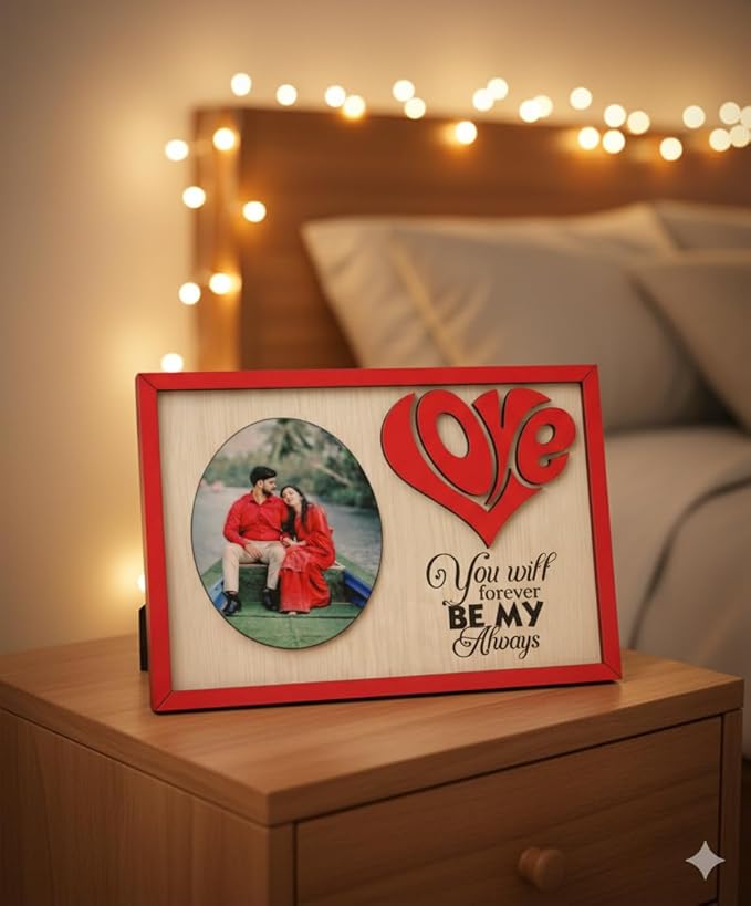 Personalized Wooden Love Photo Frame with Heart Design & Romantic Quote