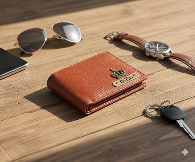 Customised Engraved Wallet with Name | Gift Hamper Set for Men Leather Purse (Tan)