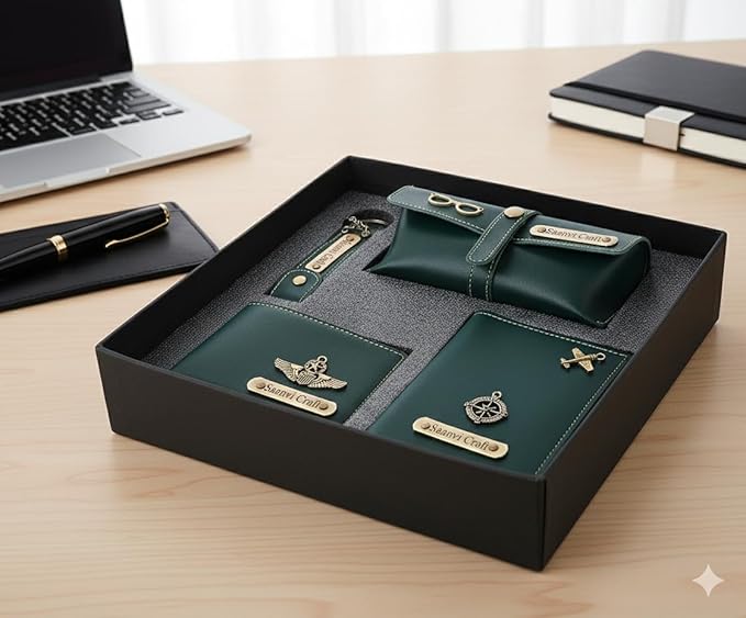Your Name Customized Leather Unisex Passport Holder, Sunglasses Cover and Men's Wallet with Key Chain, Gifts, Personalized Gifts (Green)