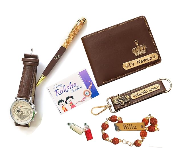 Personalized rudraksha Rakhi Bracelet with Name, Customized ID Bracelet with Rudraksha Beads, Gold (Rakhi Set - 01)