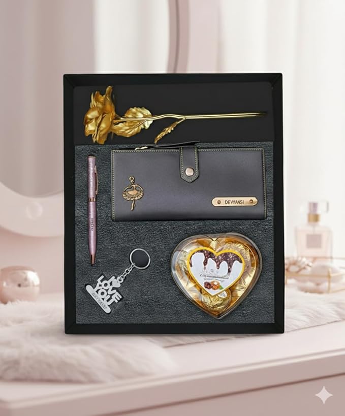 Personalized Gift for Women with Name Wallet, Golden Rose, Pen, Keychain
