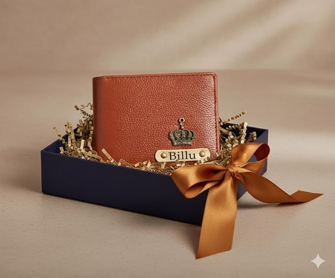 Customised Engraved Wallet with Name | Gift Hamper Set for Men Leather Purse (Tan)