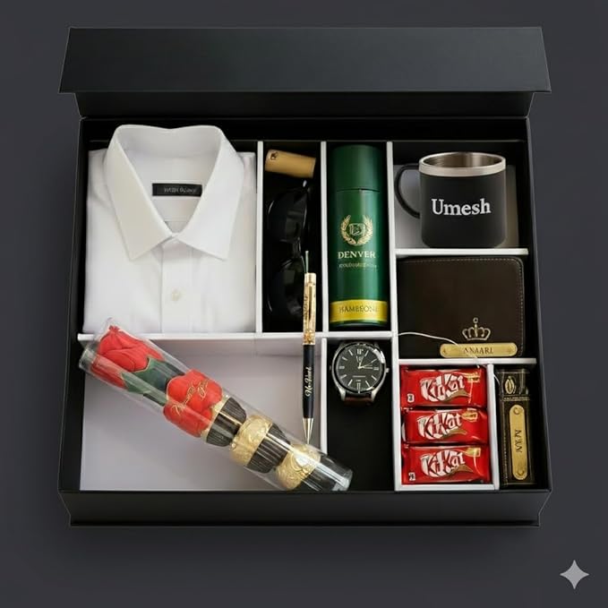 Valentine Personalized Luxury Gift Hamper with Shirt, Wallet, Watch, Perfume, Mug, Chocolates & Accessories