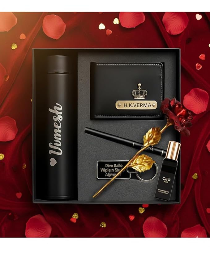 Personalized Luxury Men’s Gift Set – Customized Wallet, Name Bottle, Pen, Keychain & Perfume