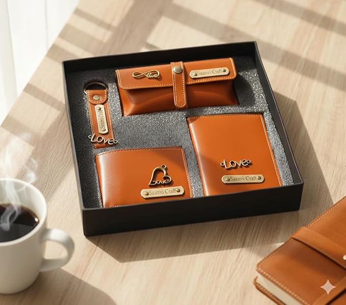 Your Name Customized Leather Unisex Passport Holder, Sunglasses Cover and Men's Wallet with Key Chain, Gifts, Personalized Gifts (Tan)