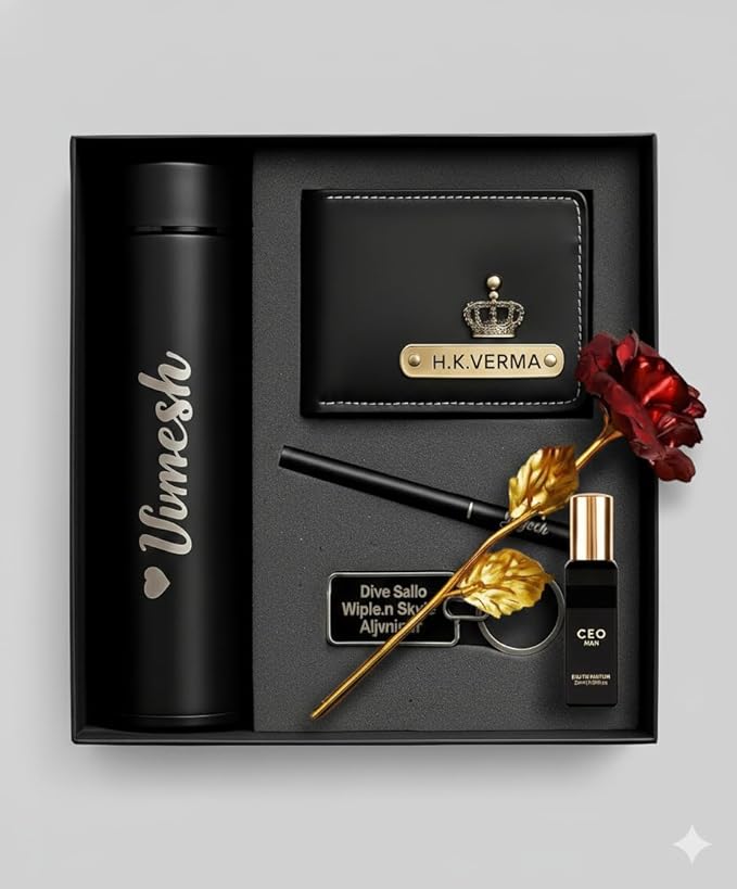 Personalized Luxury Men’s Gift Set – Customized Wallet, Name Bottle, Pen, Keychain & Perfume