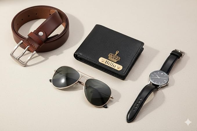 Customised Engraved Wallet with Name | Gift Hamper Set for Men Leather Purse (Black)
