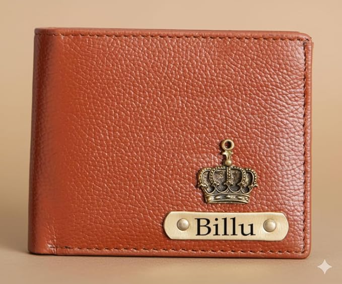 Customised Engraved Wallet with Name | Gift Hamper Set for Men Leather Purse (Tan)