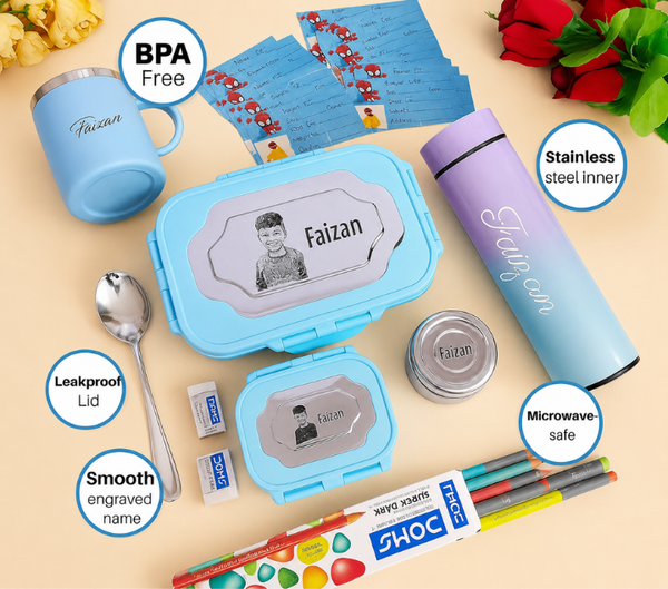 Personalized Kids' Lunch Box Set – Custom Name, Multicolour