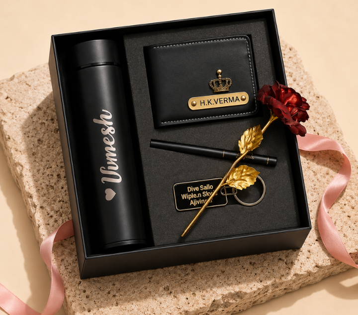 Personalized Gift Hamper Set – Wallet, Bottle, Pen & Keychain