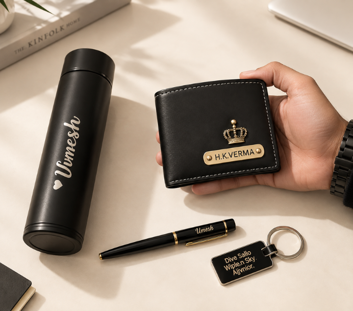 Personalized Gift Hamper Set – Wallet, Bottle, Pen & Keychain