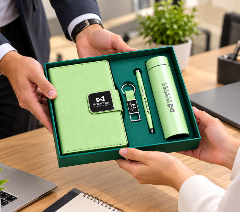 Premium Corporate Gift Set – PU Notebook, Stainless Steel Flask, Pen & Keychain | Models 3099–3102