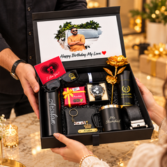 Luxury Personalized Black Birthday Gift Hamper for Men – Watch, Sunglasses, Wallet, Belt, Mug & Perfume Gift Set