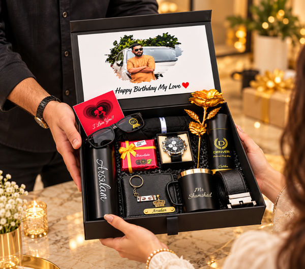 Luxury Personalized Black Birthday Gift Hamper for Men – Watch, Sunglasses, Wallet, Belt, Mug & Perfume Gift Set