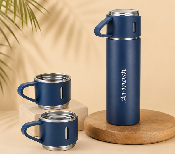 Personalized Bottle & Mug Gift Set – Name-Printed Bottle with 2 Mugs, Classic Colours