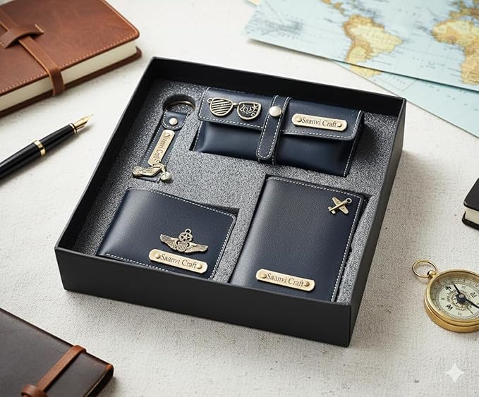 Your Name Customized Leather Unisex Passport Holder, Sunglasses Cover and Men's Wallet with Key Chain, Gifts, Personalized Gifts (Blue)
