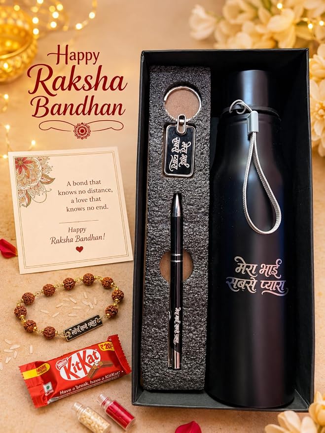 Customised Raksha Bandhan Gift Hamper for Brother – Name Rakhi, Custom Water Bottle, Pen & Keychain | Greeting Card, Chocolate, Roli Chawal Included