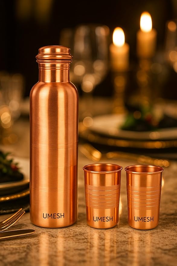 Your Name Customized Personalized Engraved Temperature Steel Bottle With Led Display For Office - School, Gym Outdoor Or Sports, 1000 Ml (Copper Water Bottle Set)