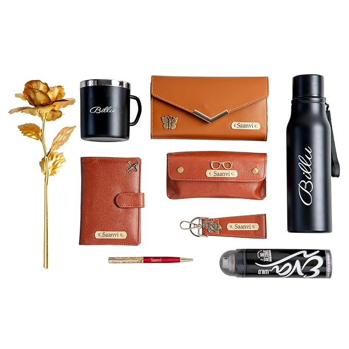 Your Name Customized Mens Gift Hamper Set with Water Bottle, Coffee Mug, Pen, Wallet, Keychain, Golden Rose, Men Deodorant with Belt and Mens Handkerchief (5 in)