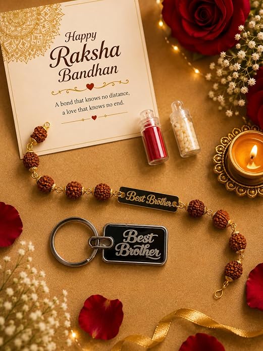 Customized Name Rakhi & Keychain Combo for Brother – Rudraksha Rakhi with Custom Name Plate and Keychain | Raksha Bandhan Gift Set with Roli Chawal & Greeting Card