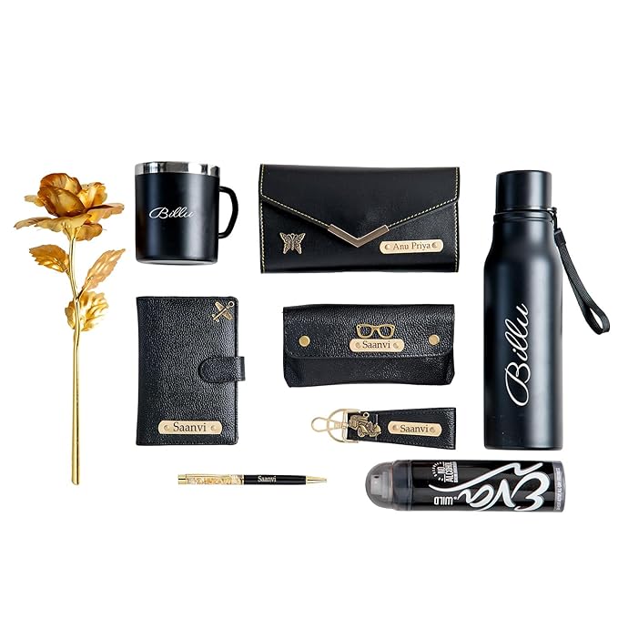 Your Name Customized Mens Gift Hamper Set with Water Bottle, Coffee Mug, Pen, Wallet, Keychain, Golden Rose, Men Deodorant with Belt and Mens Handkerchief (5 in)