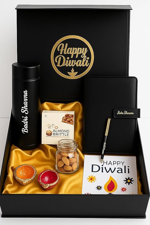 Diwali Gift Hamper - Personalized Dairy Pen, Insulated Bottle, Deepak Design, Chocolate, Golden Acrylic Laser-Cut 'Happy Diwali' Sticker, Cashew Almond Christmas Mix in Glass Bottle – Perfect Festive Gift Box (Black)
