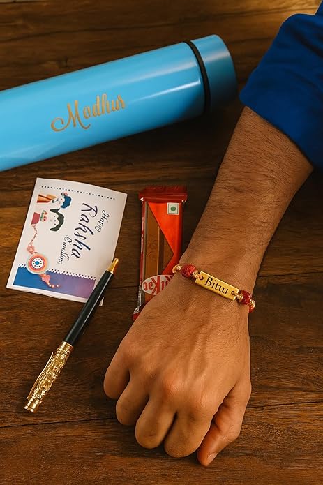 Personalized rudraksha Rakhi Bracelet with Name(Rakhi With Bottle Combo)