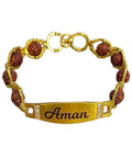 Personalized Rudraksha Name Rakhi Bracelet | Custom Name Engraved Gold-Tone Bracelet with Rudraksha Beads