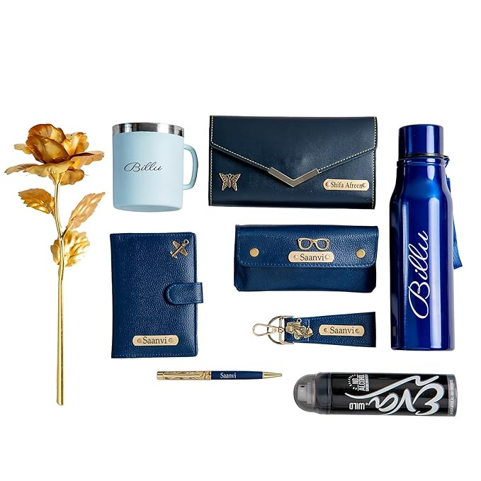 Your Name Customized Mens Gift Hamper Set with Water Bottle, Coffee Mug, Pen, Wallet, Keychain, Golden Rose, Men Deodorant with Belt and Mens Handkerchief (5 in)