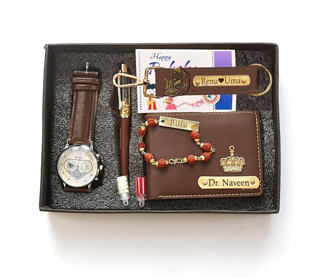 Personalized rudraksha Rakhi Bracelet with Name for Brother, Customized ID Bracelet with Rudraksha Beads, Gold (Rakhi Set-06)