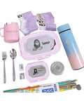 Personalized School Kit for Kids | Custom Name Tiffin Lunch Box, Water Bottle, Mug, Spoon Fork, Stickers & Stationery