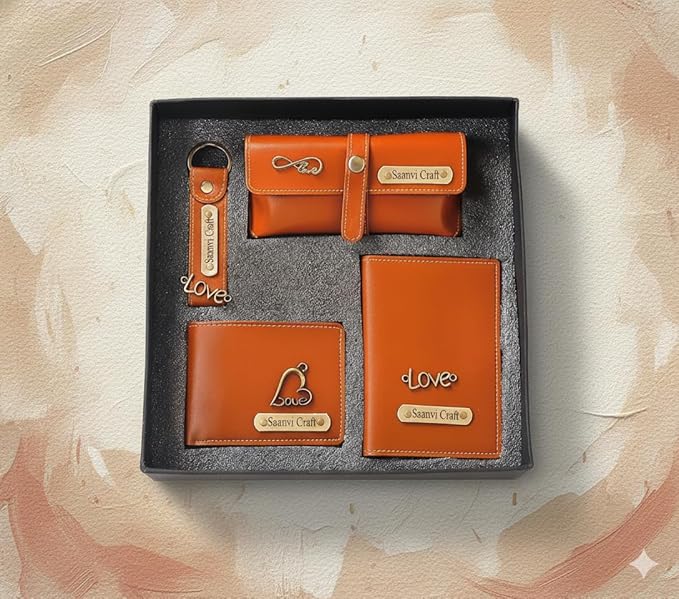Your Name Customized Leather Unisex Passport Holder, Sunglasses Cover and Men's Wallet with Key Chain, Gifts, Personalized Gifts (Tan)