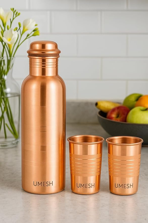 Your Name Customized Personalized Engraved Temperature Steel Bottle With Led Display For Office - School, Gym Outdoor Or Sports, 1000 Ml (Copper Water Bottle Set)