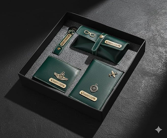 Personalized 4 in 1 Ladies Purse/Clutch, Passport Cover with Eye Wear Case, and Metal Keychain Combo - Unisex Combo Accessories, Return Gifts, Birthday Gifts (Green)