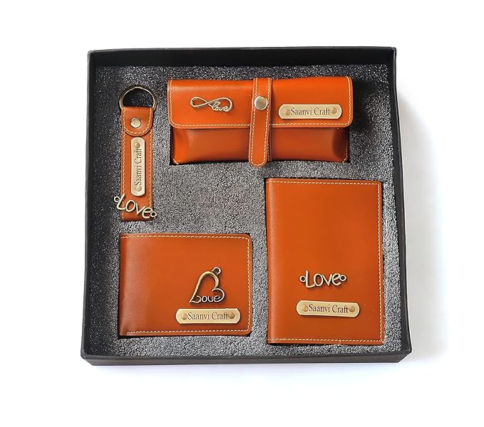Your Name Customized Leather Unisex Passport Holder, Sunglasses Cover and Men's Wallet with Key Chain, Gifts, Personalized Gifts (Tan)