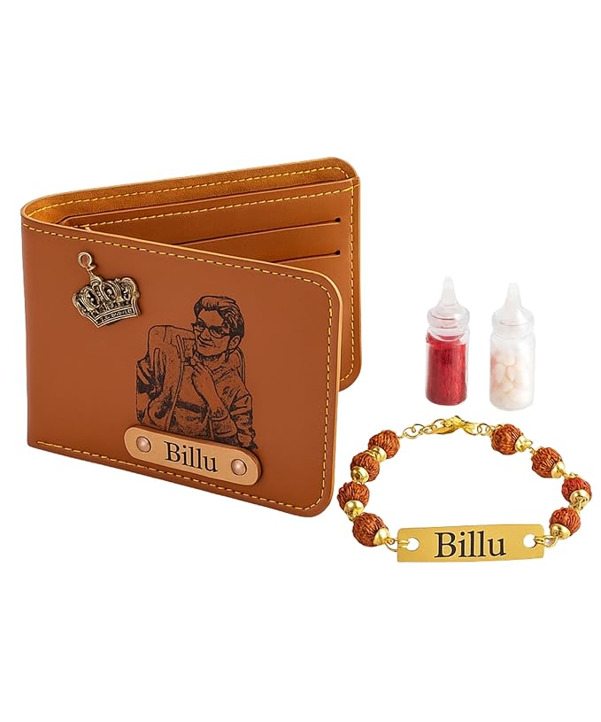 Your Name Customized Leather Men's Wallet with Name Rakhi, Personalized Gifts