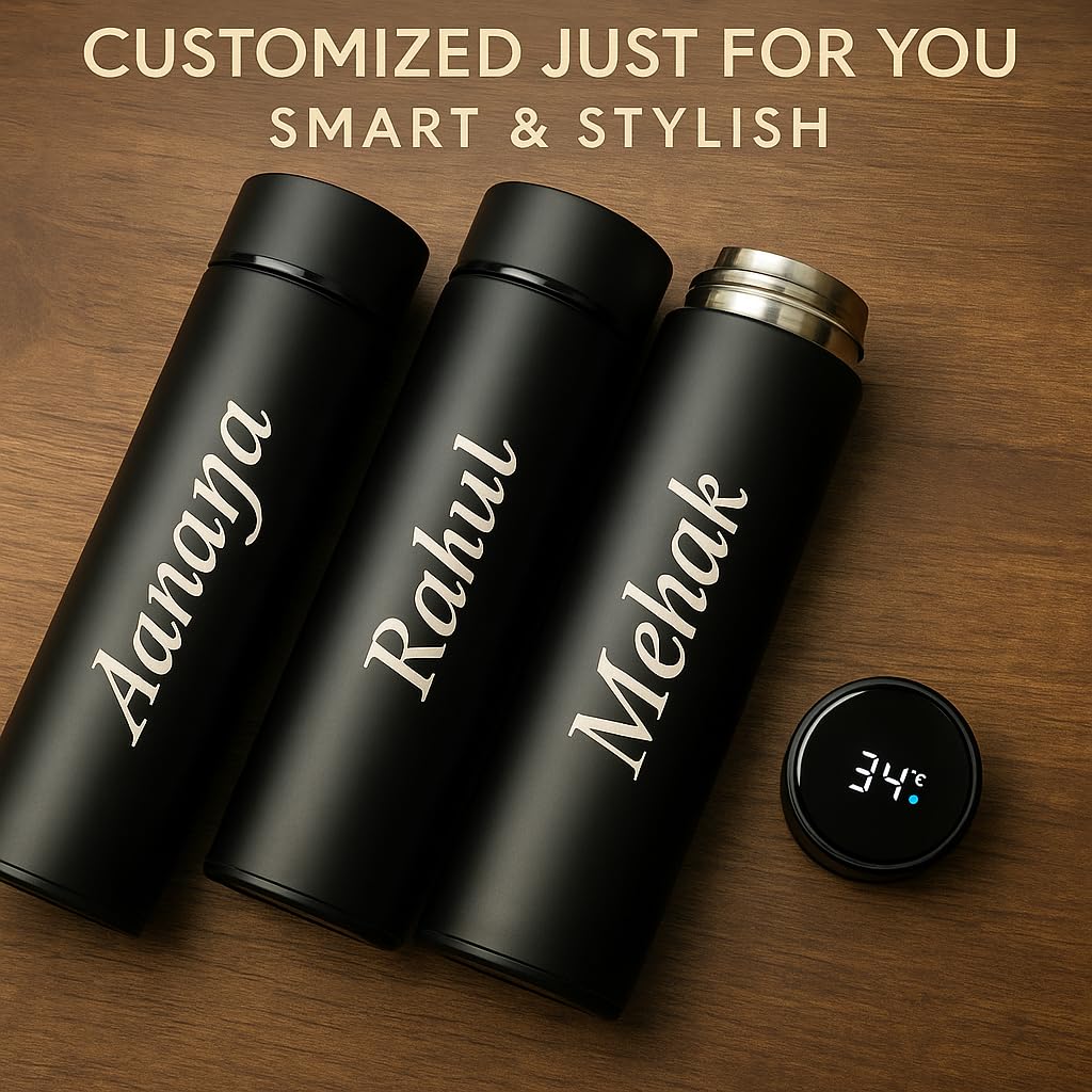 Personalized 500ML Stainless Steel Water Bottle – Metal Finish | Custom Name Printed Bottle for Office, Gym, Travel & School | Leak-Proof, Lightweight & Durable Drinking Bottle (Black - 01)